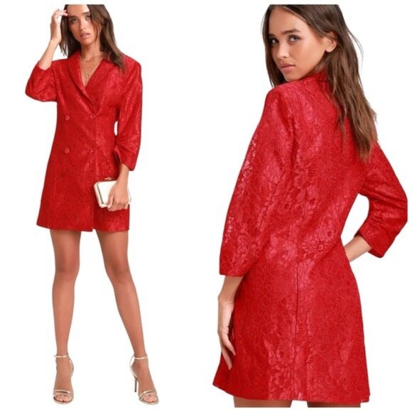 Lulus Red Lace Blazer Dress S NWT Ronan Double Breasted Romantic Coquette - Picture 1 of 15